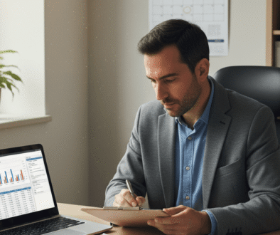 Imagen de un asesor financiero revisando facturas, estados contables y cálculos tributarios, que muestra qué revisar antes de cerrar el ejercicio fiscal