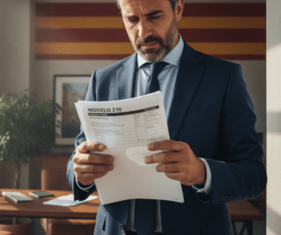 Ilustración que responde a la pregunta qué pasa si no presentas un modelo a tiempo, mostrando a un empresario preocupado revisando un calendario y documentos fiscales, simbolizando sanciones y recargos de la Hacienda.