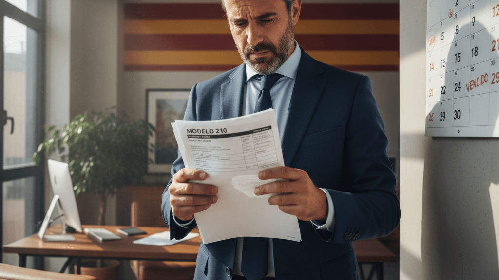 Ilustración que responde a la pregunta qué pasa si no presentas un modelo a tiempo, mostrando a un empresario preocupado revisando un calendario y documentos fiscales, simbolizando sanciones y recargos de la Hacienda.