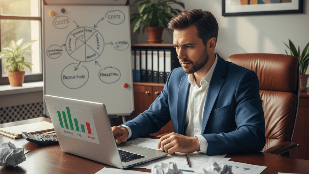 Ilustración que muestra la diferencia entre facturación y rentabilidad, resaltando por qué mi negocio factura pero no gana dinero, con gráficos de costos, márgenes y elementos financieros claros