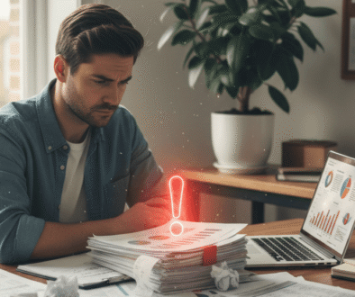 Imagen que ilustra qué pasa si facturas menos de lo que ingresas, mostrando a un emprendedor preocupado revisando facturas y recibos mientras aparecen símbolos de alerta fiscal.