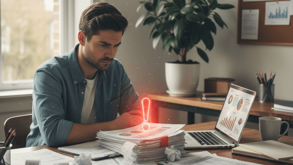 Imagen que ilustra qué pasa si facturas menos de lo que ingresas, mostrando a un emprendedor preocupado revisando facturas y recibos mientras aparecen símbolos de alerta fiscal.