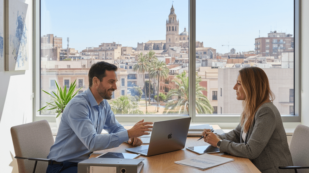 Imagen que muestra la mejor asesoría fiscal en Murcia para autónomos, con un asesor profesional atendiendo a un autónomo en una oficina moderna y cercana.