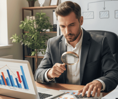 Imagen que ilustra cómo detectar fugas de dinero en tu empresa, mostrando a un empresario analizando gráficos y documentos financieros para identificar pérdidas.