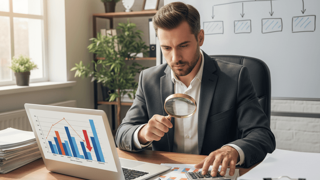 Imagen que ilustra cómo detectar fugas de dinero en tu empresa, mostrando a un empresario analizando gráficos y documentos financieros para identificar pérdidas.