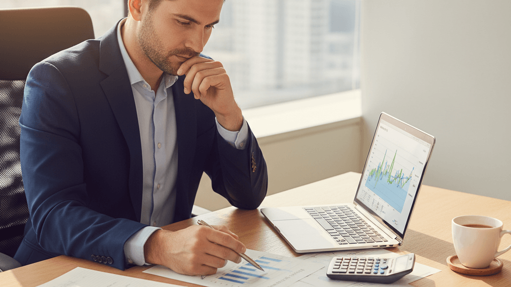 Imagen que ilustra qué hacer si tu negocio no genera beneficios, mostrando a un consultor analizando gráficos financieros y documentos para planificar la recuperación de la rentabilidad.